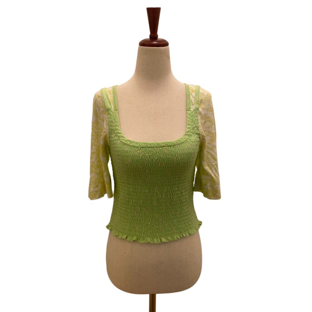 Women’s Free People Marigold Smocked Crop Tee/Blouse Key Lime Combo Floral Small